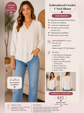 V-Neck Crochet Trim Blouse - Off White/Cream